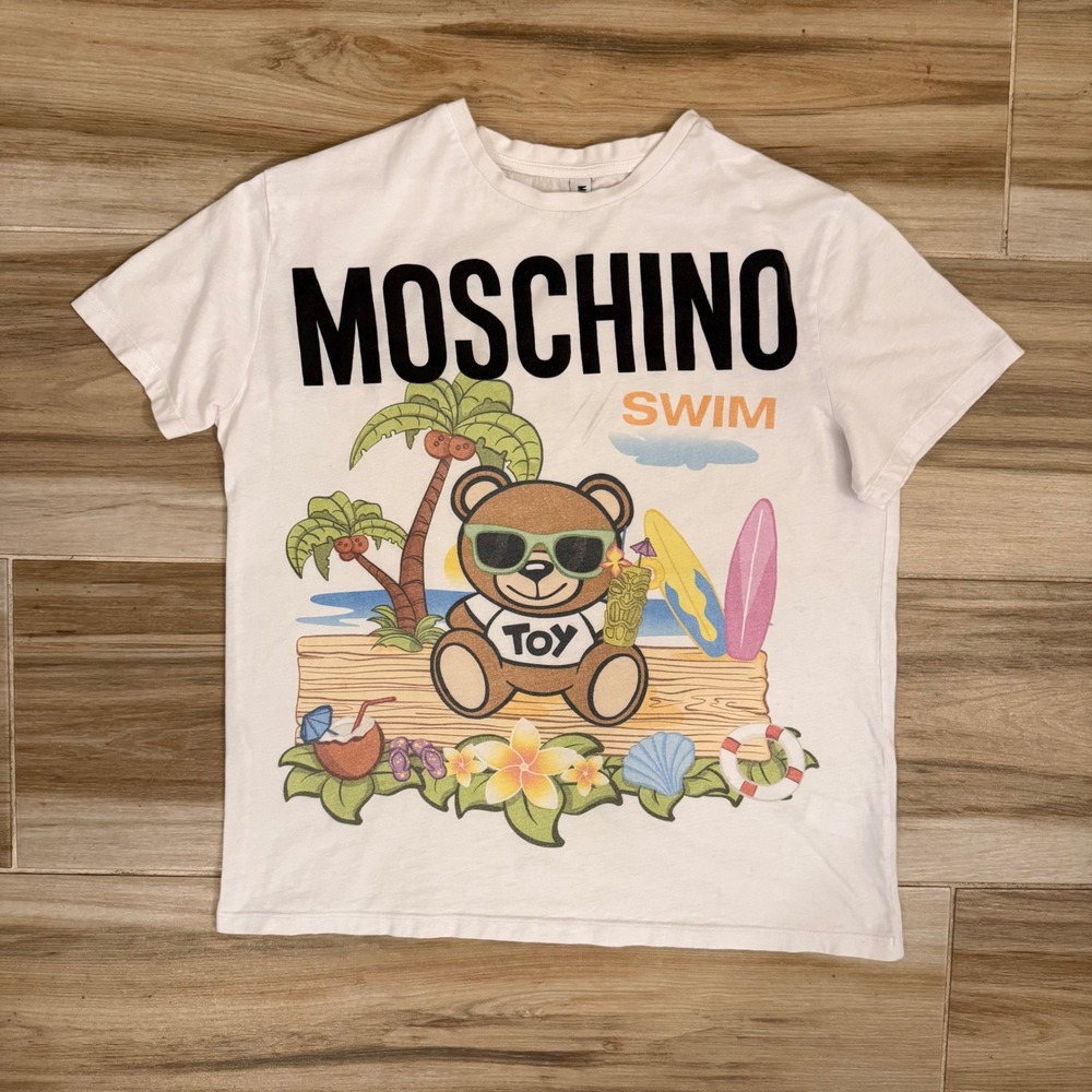 Moschino Swim Toy Bear Tropical Beach Graphic T-Shirt White USA XS